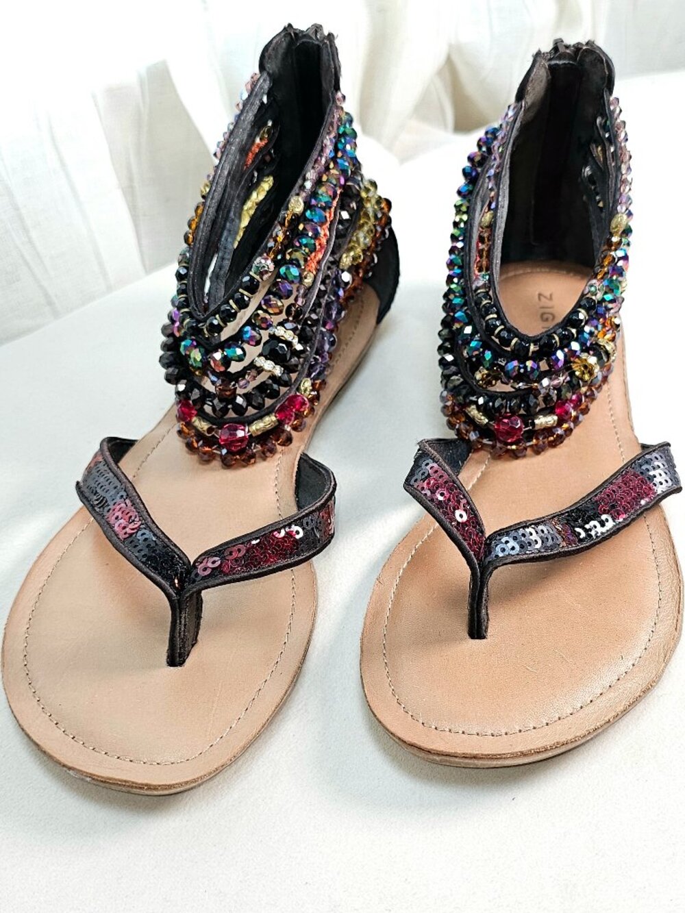 ZIGI Girl Brown Crystal Gladiator Sandals Size 10 Beaded Rhinestone Flat Sandals - Picture 6 of 11